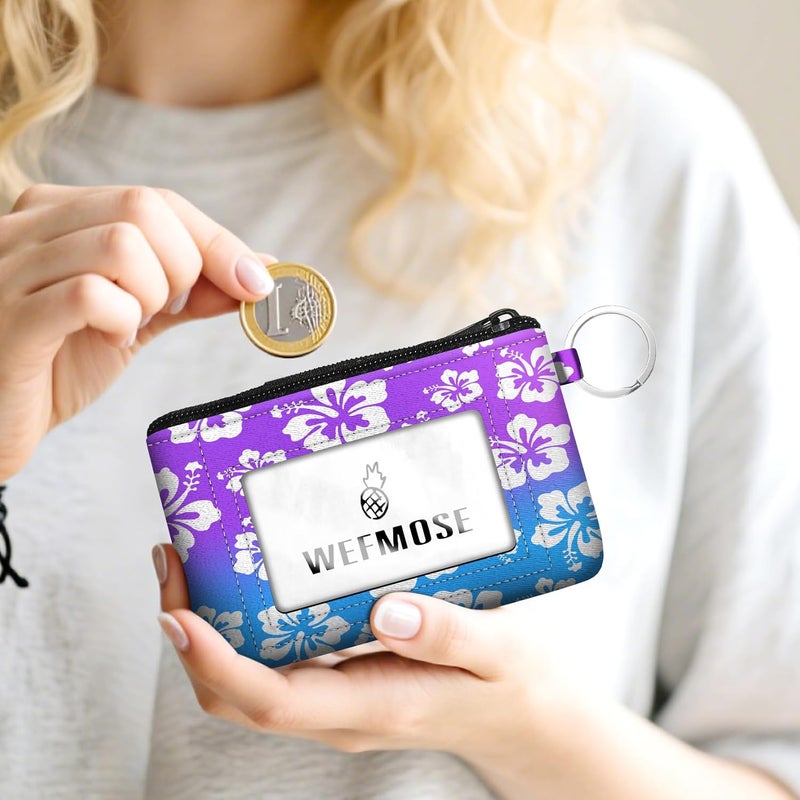 WEFMOSE Small Wallet Keychain with Clear ID Window Zipper Cute ID Case Coin Purse for Women Water Resistant Coin Pouch-Hawaiian Floral-Purple Keychain Wallet - Image 2